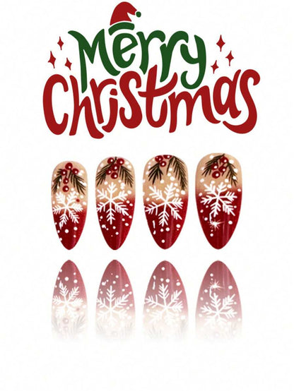 24pcs Almond Christmas Press On Nails, Red Santa Hat Short False Nails, Holiday Nail Set For Women, Office, Date, Party & Everyday Wear