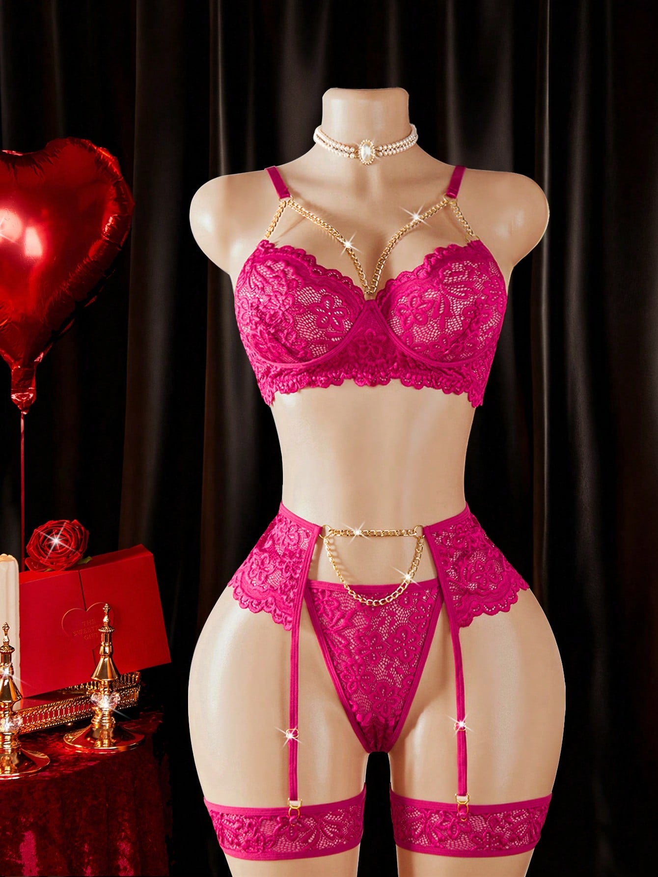 4-Piece Floral Lace and Chain Sexy Lingerie Set with Bra Panty Garter Belt and Stockings