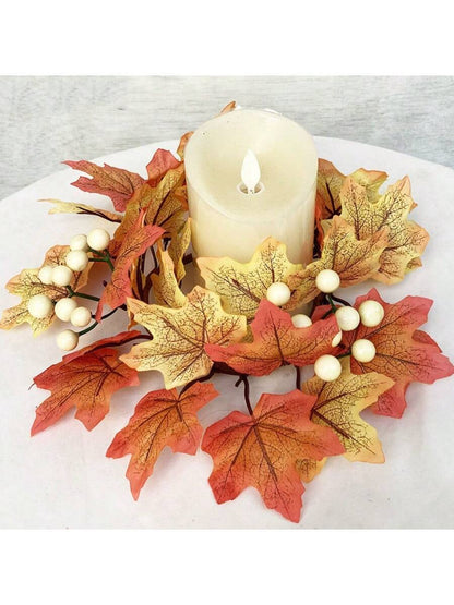 Christmas Candle Ring Holder with Red Flowers, Gold Berries & Greenery, Holiday Table Centerpiece