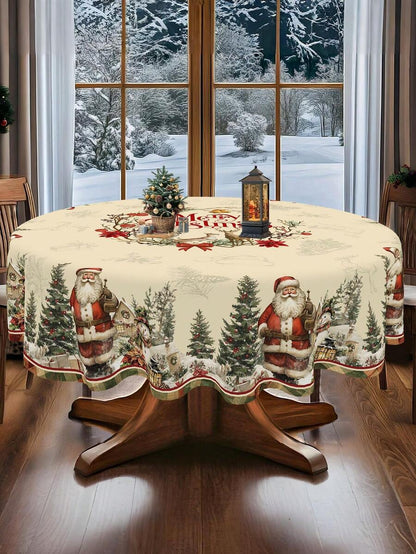 Festive Christmas Tablecloth with Snowman & Reindeer Wreath Design, Polyester Winter Table Cover for Dining Room & Kitchen Holiday Decor