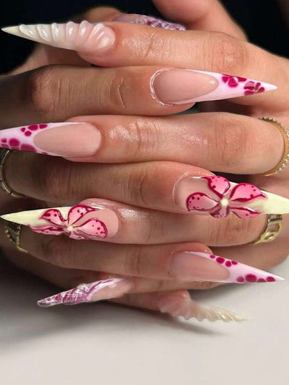 24pcs Long Stiletto French Press On Nails, White Red Cherry Pattern With 3D Bow And Pearl Decor, Romantic Bling Nail Set For Party Look