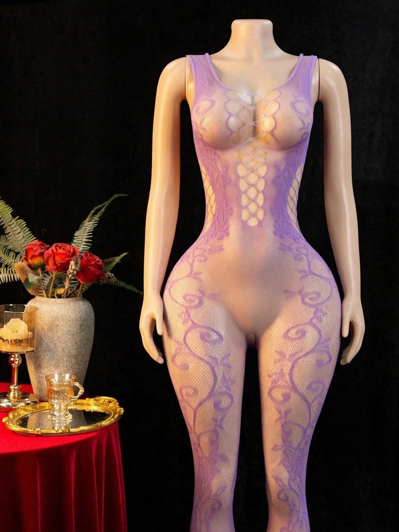 Embroidered Hollow Sheer Sleeveless Sexy Bodystocking