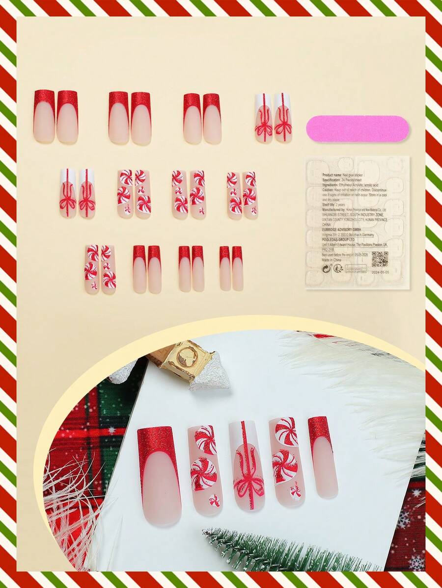 24pcs Long Coffin Christmas Press On Nails, White Elk And Snowflake Design With Gold Glitter, Elegant Glossy Nail Set For Women Daily Use