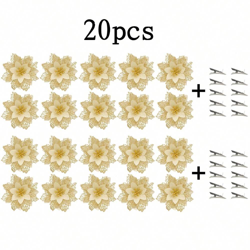 10pcs Glitter Poinsettia Ornaments with Clips & Stems, Sparkling Artificial Christmas Décor for Trees & Wreaths