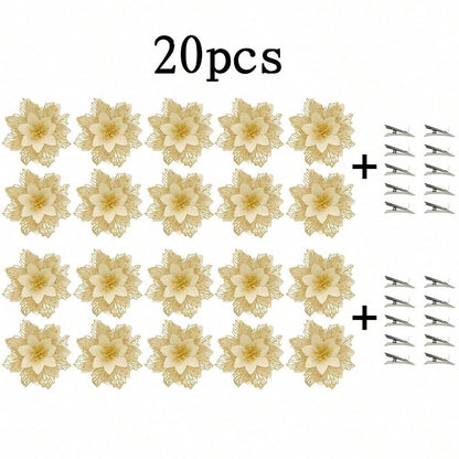 10pcs Glitter Poinsettia Ornaments with Clips & Stems, Sparkling Artificial Christmas Décor for Trees & Wreaths