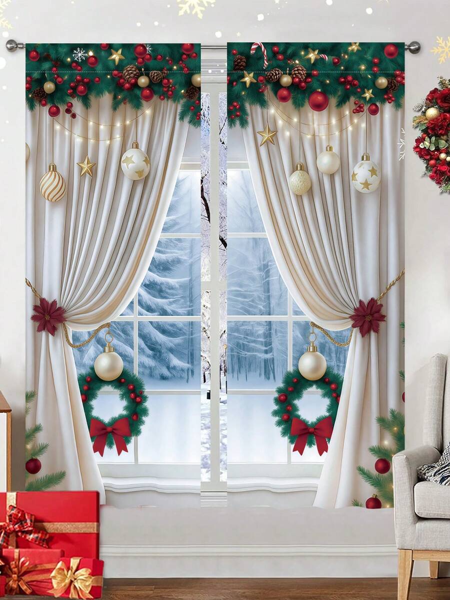 2-Piece Christmas Reindeer and Tree Blackout Curtain Set, Holiday Window Panels for Home Living Room or Bedroom Decor
