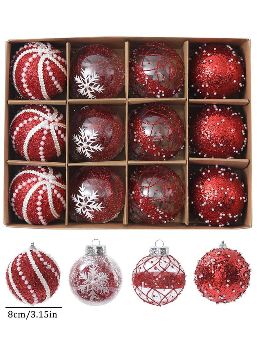 12pcs Clear Pink Christmas Ball Ornaments, 3.15-Inch Shatterproof Decorative Tree Baubles, Elegant Rustic Hanging Decorations for Holiday Parties
