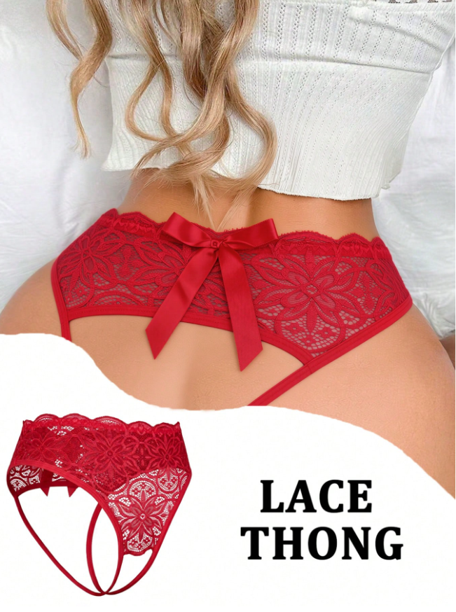 Sexy Backside Open Bowknot Lace Patchwork Panties Bowknot For Going Out