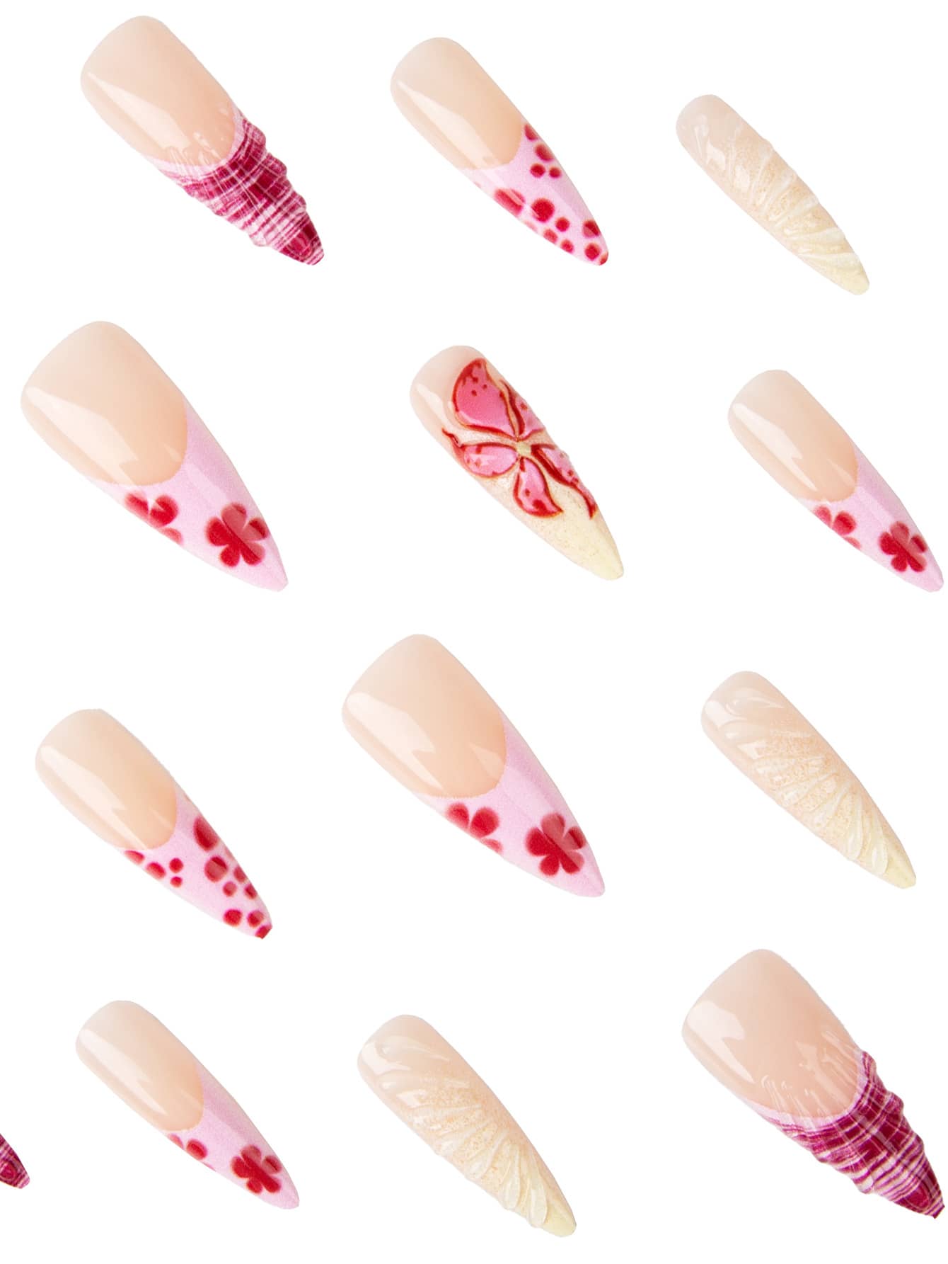 24pcs Long Stiletto French Press On Nails, White Red Cherry Pattern With 3D Bow And Pearl Decor, Romantic Bling Nail Set For Party Look
