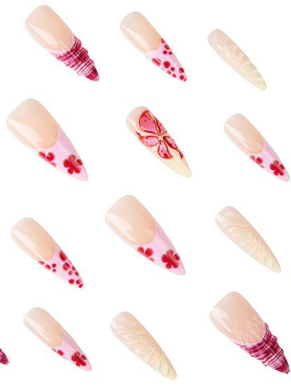 24pcs Long Stiletto French Press On Nails, White Red Cherry Pattern With 3D Bow And Pearl Decor, Romantic Bling Nail Set For Party Look