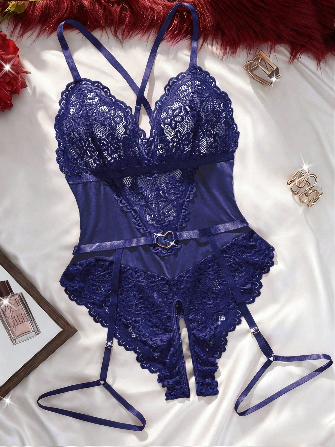 2pcs Women Lace Bodysuit Set With Sheer Fabric Design Including Wireless And Garter Belt Detail, Coordinated Two-Piece Construction, Lightweight And Flexible Fit, Suitable For General Wear And Styling