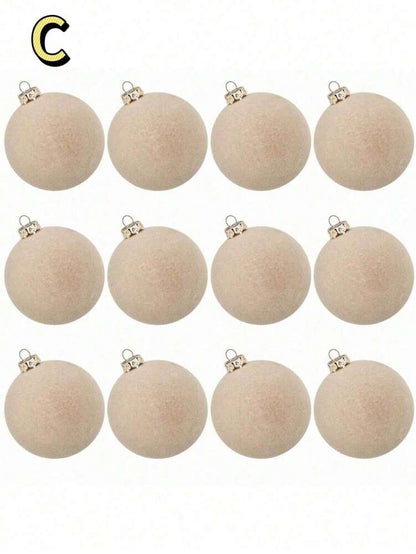 12pcs Velvet Flocked Christmas Decoration Balls, Drop-Proof Plastic Ornaments, Elegant Tree Baubles for Parties, Birthdays, or Holiday Photoshoots