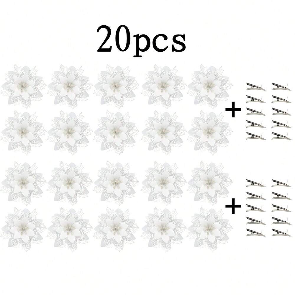 10pcs Glitter Poinsettia Ornaments with Clips & Stems, Sparkling Artificial Christmas Décor for Trees & Wreaths