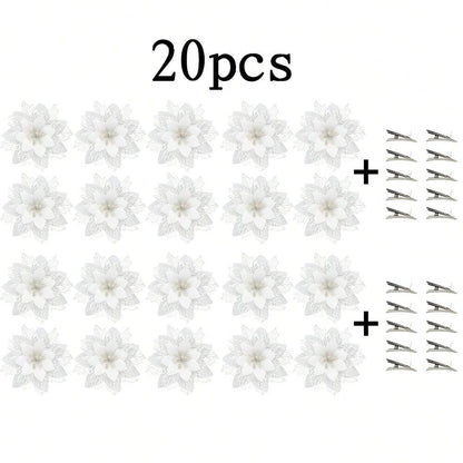 10pcs Glitter Poinsettia Ornaments with Clips & Stems, Sparkling Artificial Christmas Décor for Trees & Wreaths