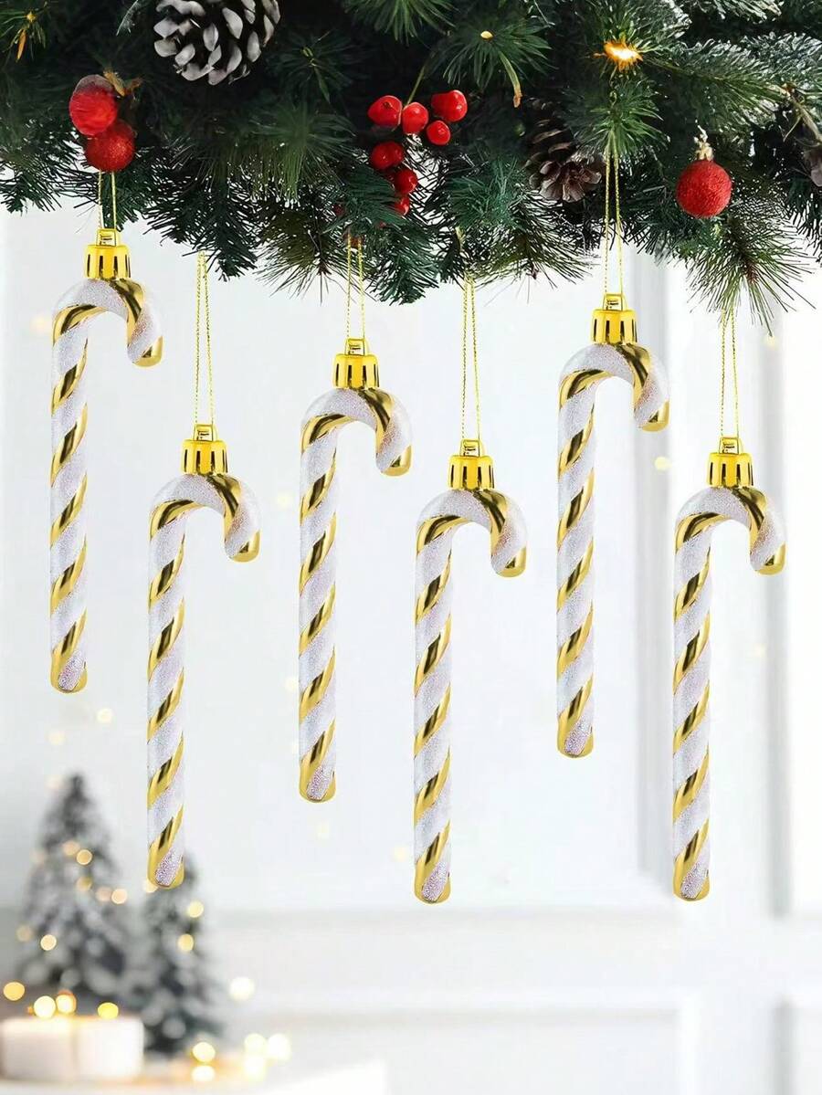 12pcs Pink Glitter Candy Cane Christmas Ornaments, 5.5" Plastic Hanging Decorations for Christmas Trees & Holiday Displays