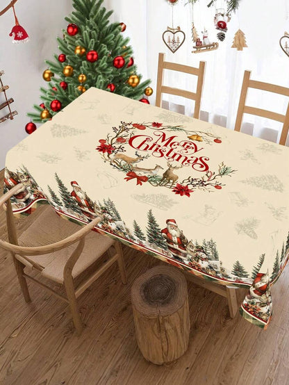 Festive Christmas Tablecloth with Snowman & Reindeer Wreath Design, Polyester Winter Table Cover for Dining Room & Kitchen Holiday Decor