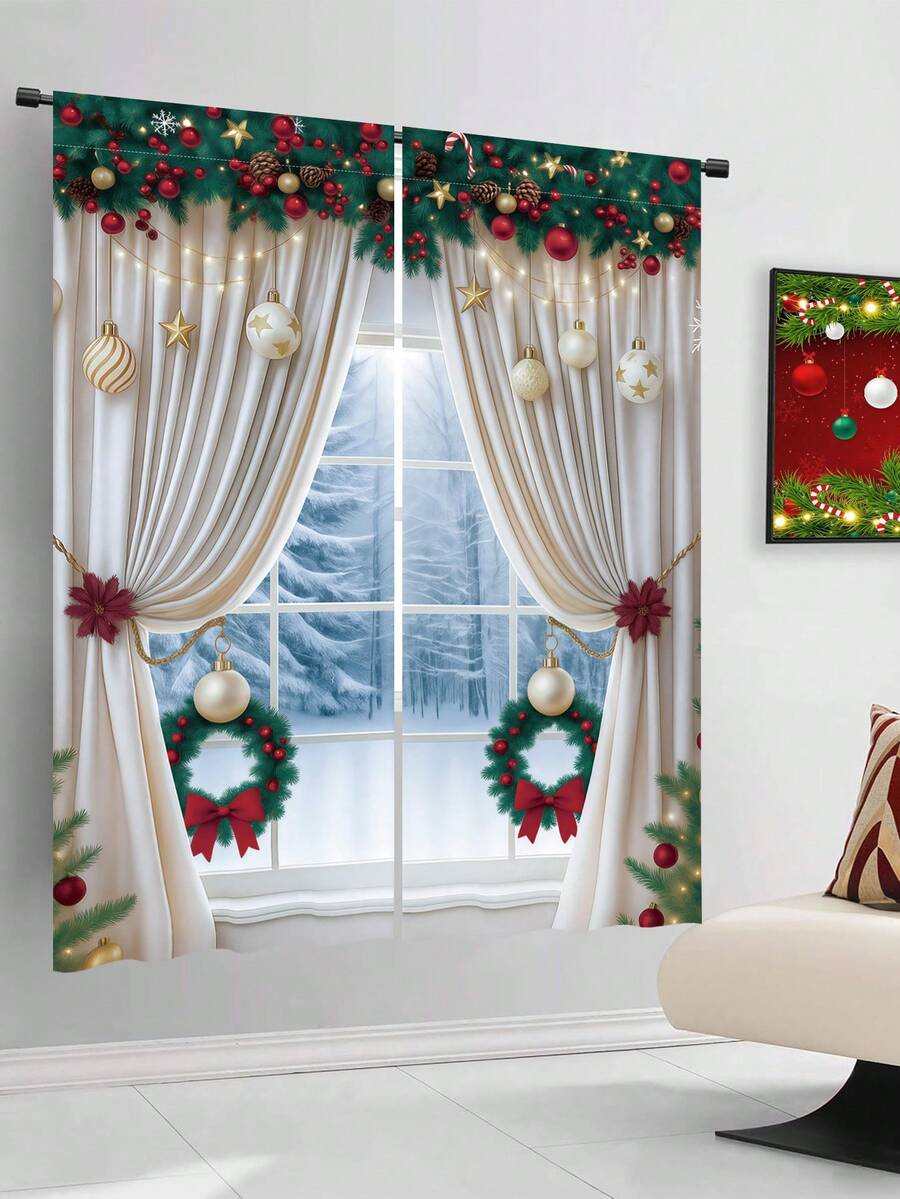 2-Piece Christmas Reindeer and Tree Blackout Curtain Set, Holiday Window Panels for Home Living Room or Bedroom Decor