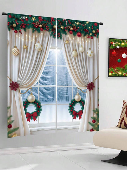 2-Piece Christmas Reindeer and Tree Blackout Curtain Set, Holiday Window Panels for Home Living Room or Bedroom Decor