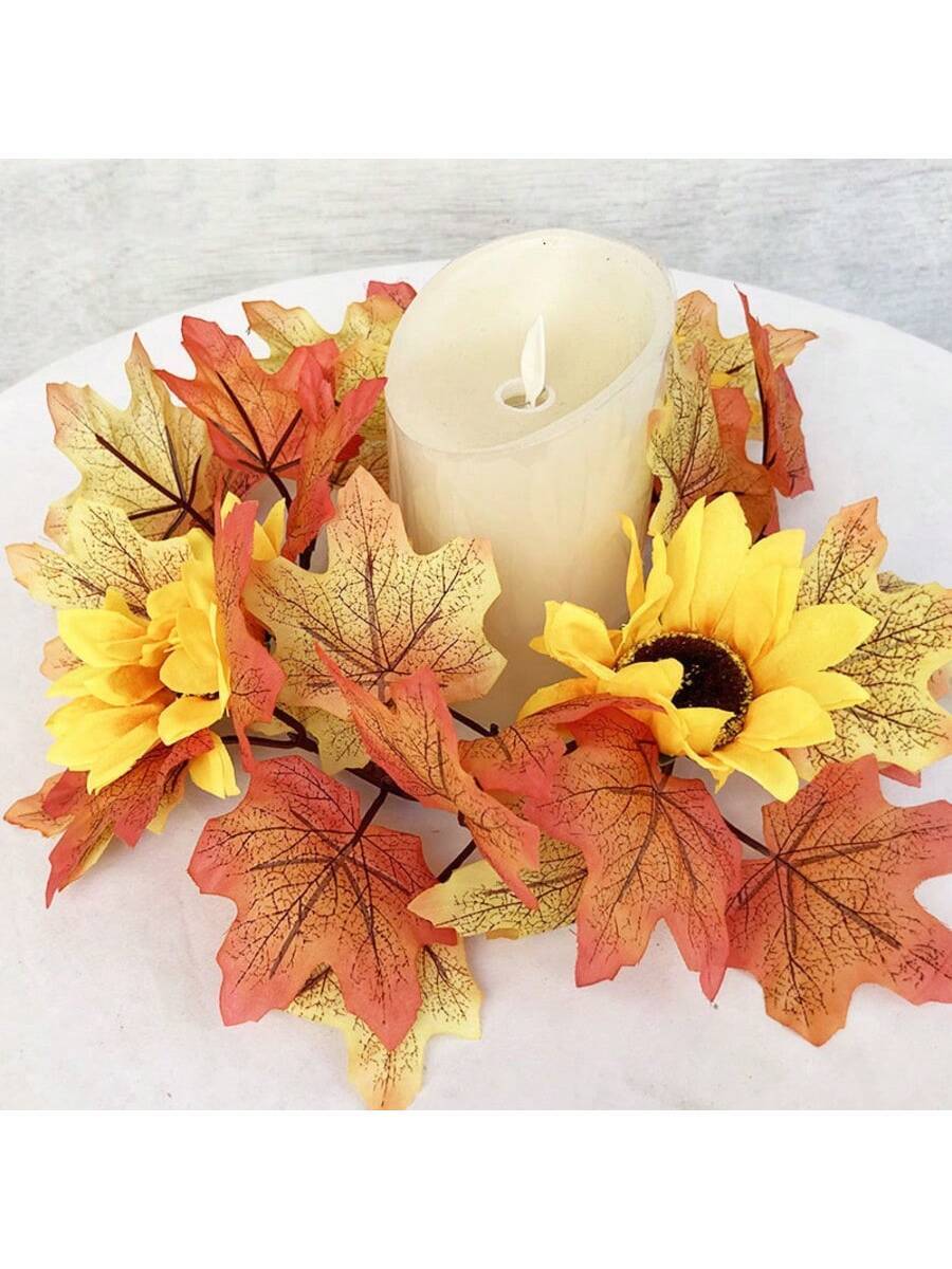 Christmas Candle Ring Holder with Red Flowers, Gold Berries & Greenery, Holiday Table Centerpiece