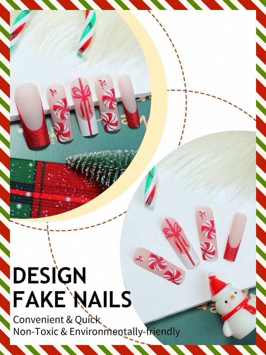 24pcs Long Coffin Christmas Press On Nails, White Elk And Snowflake Design With Gold Glitter, Elegant Glossy Nail Set For Women Daily Use