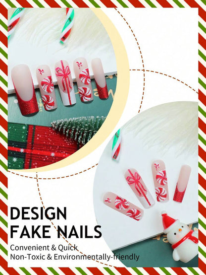 24pcs Long Coffin Christmas Press On Nails, White Elk And Snowflake Design With Gold Glitter, Elegant Glossy Nail Set For Women Daily Use