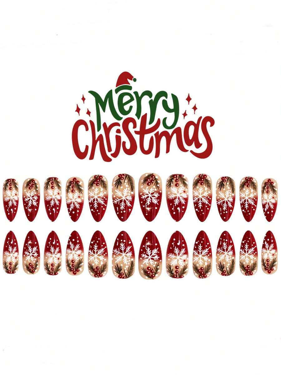 24pcs Almond Christmas Press On Nails, Red Santa Hat Short False Nails, Holiday Nail Set For Women, Office, Date, Party & Everyday Wear