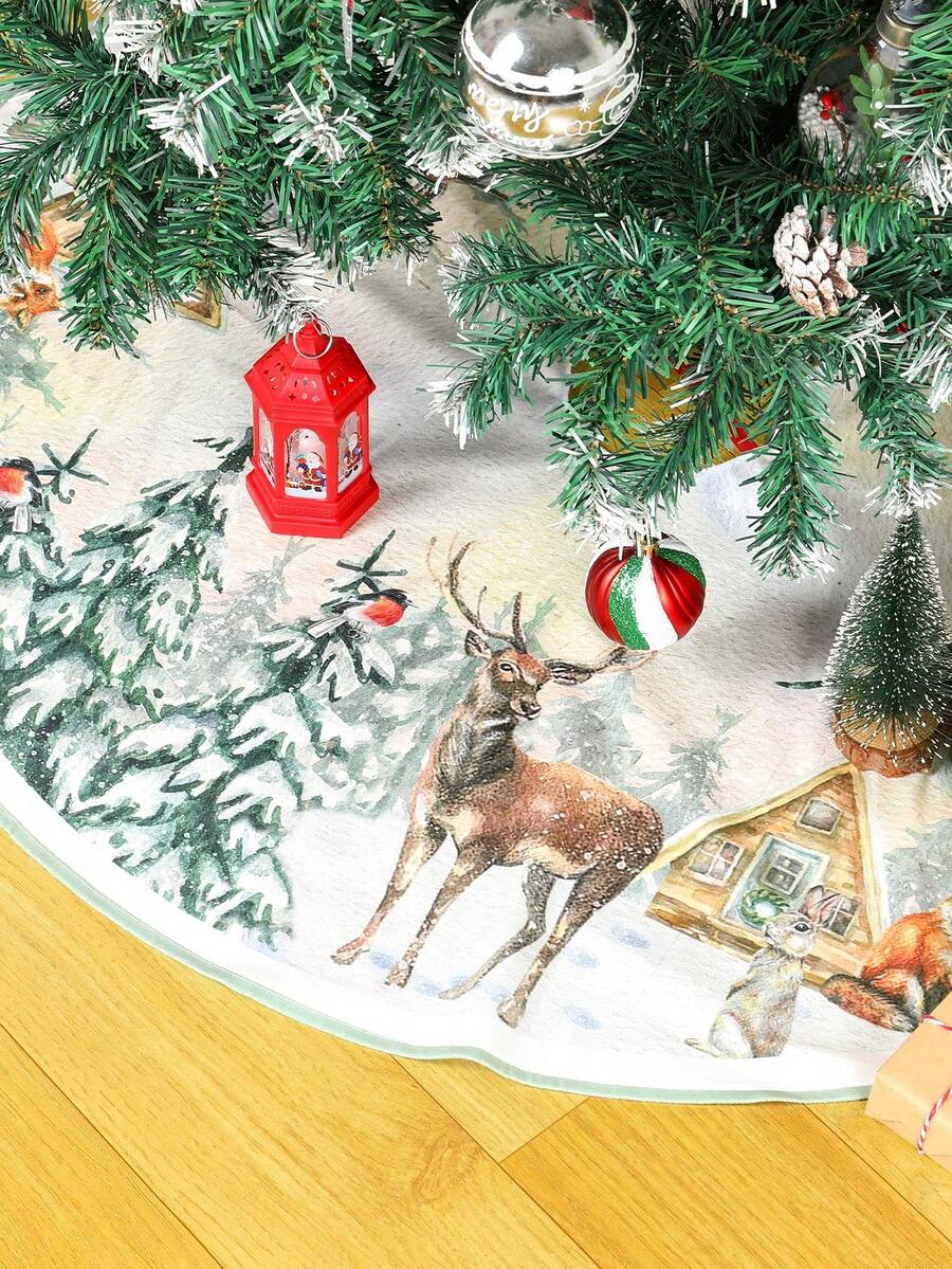 Red & Black Plaid Christmas Tree Skirt, Snowflake Pattern Round Tree Mat, Soft Decorative Base Cover for Living Room & Winter Holiday Home Decor