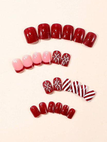 24pcs Short Square Champagne Glitter Christmas Press On Nails, Snowflake Full Cover Holiday False Nails For Women Nail Art Supplies