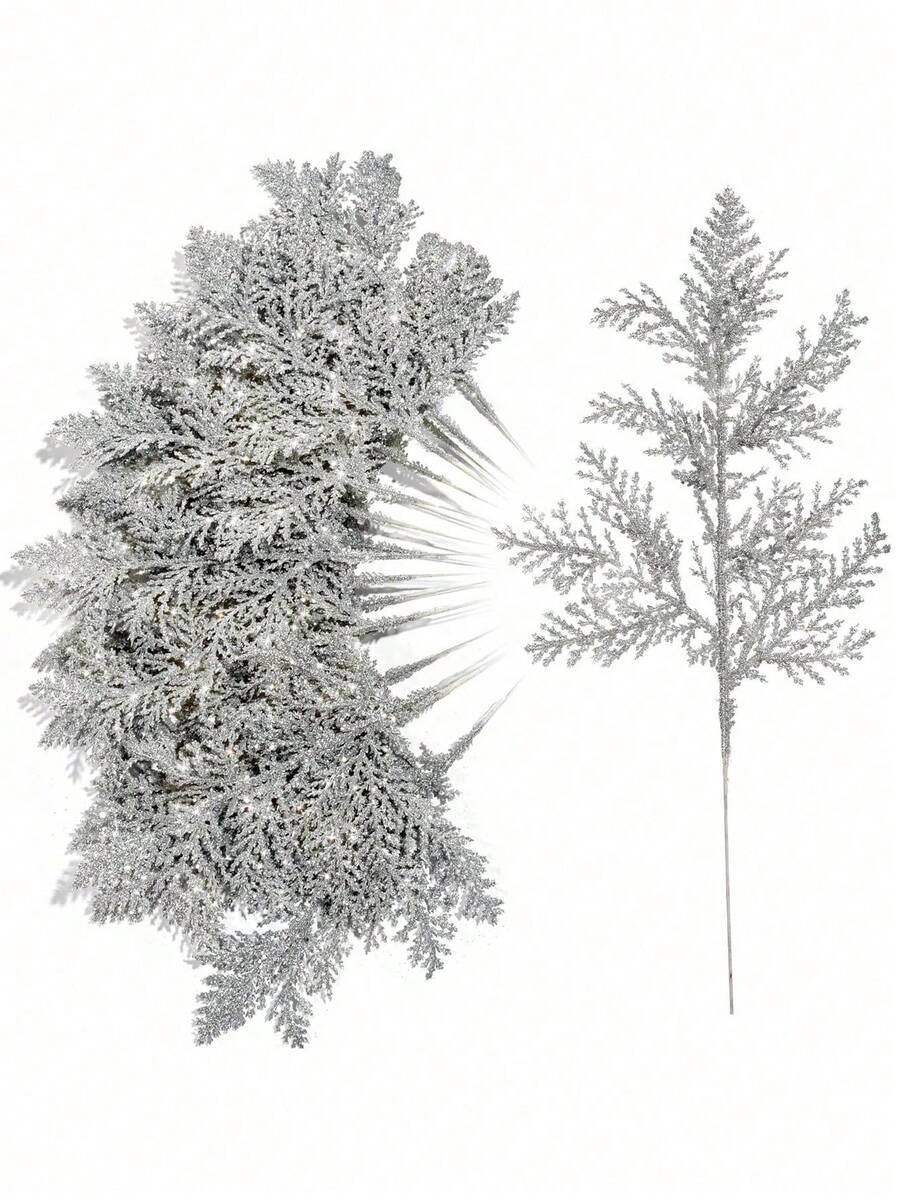 20pcs Glitter Cedar Pine Needles with Sequins, Artificial Blue and Pink Leaves for DIY Garlands, Wedding Bouquets, and Winter Holiday Home Decor