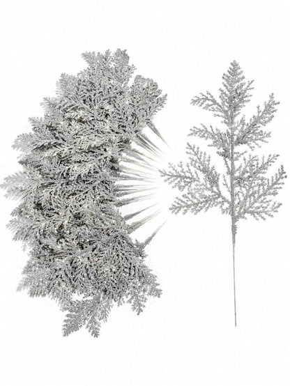 20pcs Glitter Cedar Pine Needles with Sequins, Artificial Blue and Pink Leaves for DIY Garlands, Wedding Bouquets, and Winter Holiday Home Decor