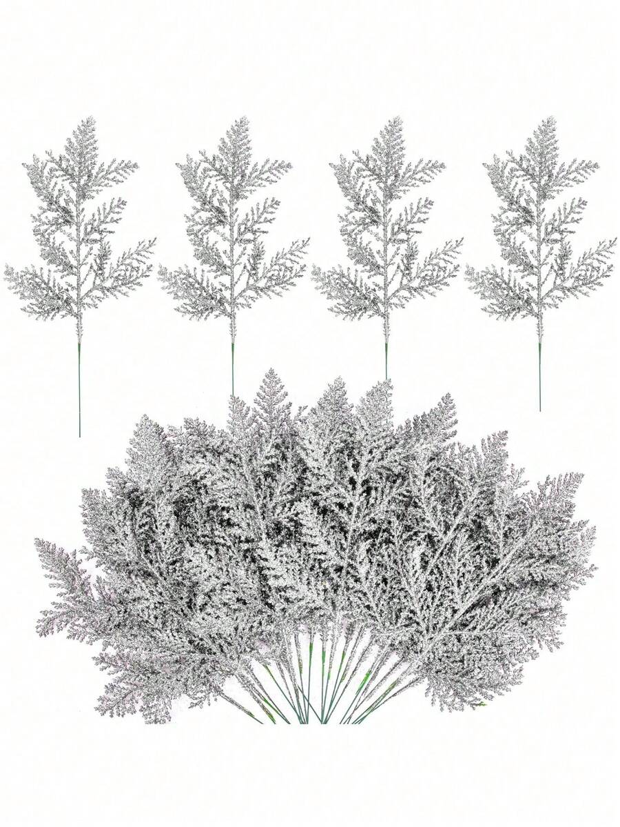 20pcs Glitter Cedar Pine Needles with Sequins, Artificial Blue and Pink Leaves for DIY Garlands, Wedding Bouquets, and Winter Holiday Home Decor