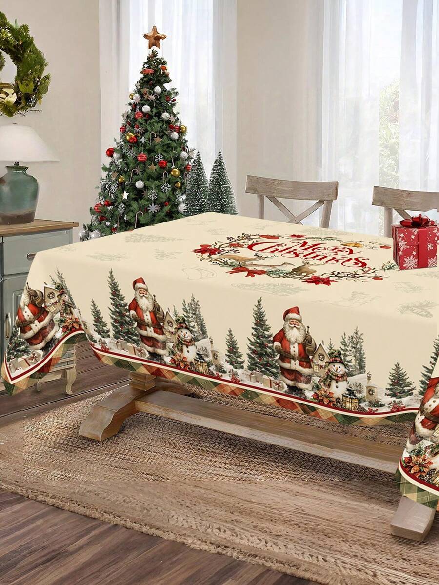 Festive Christmas Tablecloth with Snowman & Reindeer Wreath Design, Polyester Winter Table Cover for Dining Room & Kitchen Holiday Decor