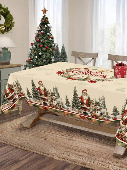 Festive Christmas Tablecloth with Snowman & Reindeer Wreath Design, Polyester Winter Table Cover for Dining Room & Kitchen Holiday Decor