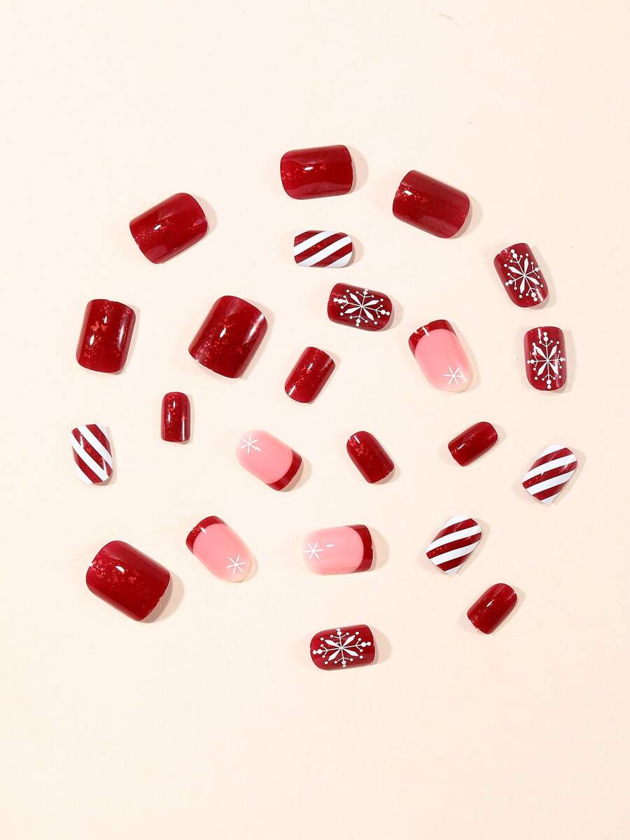 24pcs Short Square Champagne Glitter Christmas Press On Nails, Snowflake Full Cover Holiday False Nails For Women Nail Art Supplies