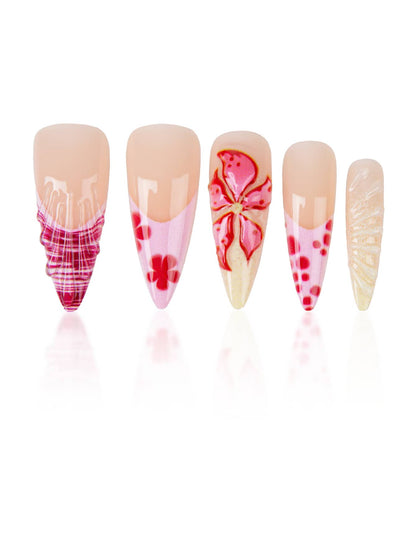 24pcs Long Stiletto French Press On Nails, White Red Cherry Pattern With 3D Bow And Pearl Decor, Romantic Bling Nail Set For Party Look