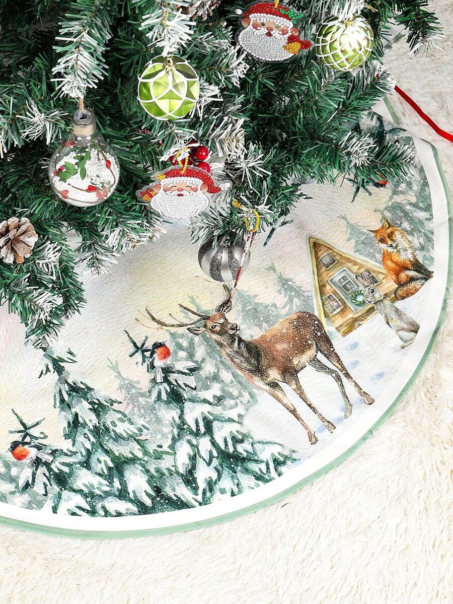 Red & Black Plaid Christmas Tree Skirt, Snowflake Pattern Round Tree Mat, Soft Decorative Base Cover for Living Room & Winter Holiday Home Decor