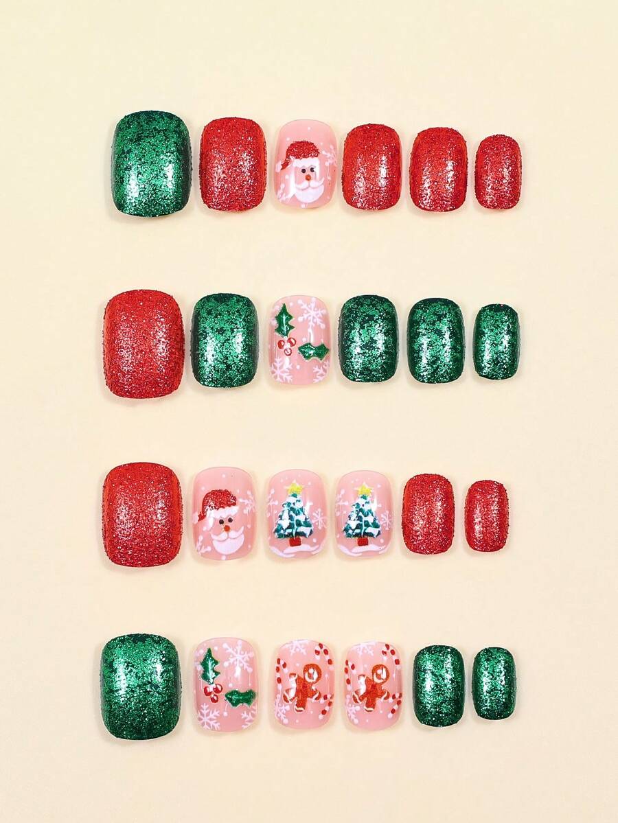 24pcs Red Glitter Christmas Press On Nails, Short Square Bling False Nails With Cute Elk Grid Design, Festive Nail Set Gift For Women Party Wear