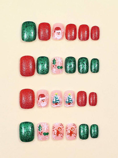 24pcs Red Glitter Christmas Press On Nails, Short Square Bling False Nails With Cute Elk Grid Design, Festive Nail Set Gift For Women Party Wear