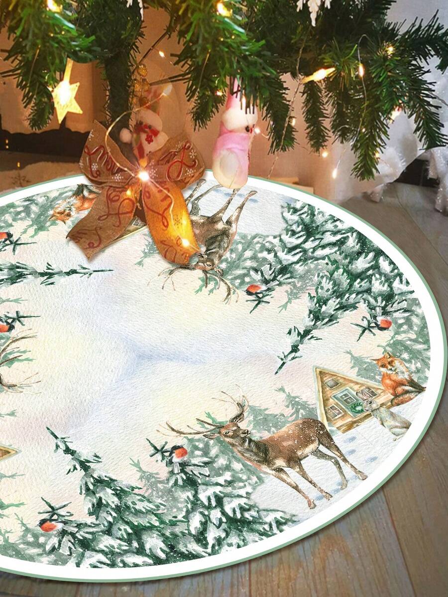 Red & Black Plaid Christmas Tree Skirt, Snowflake Pattern Round Tree Mat, Soft Decorative Base Cover for Living Room & Winter Holiday Home Decor