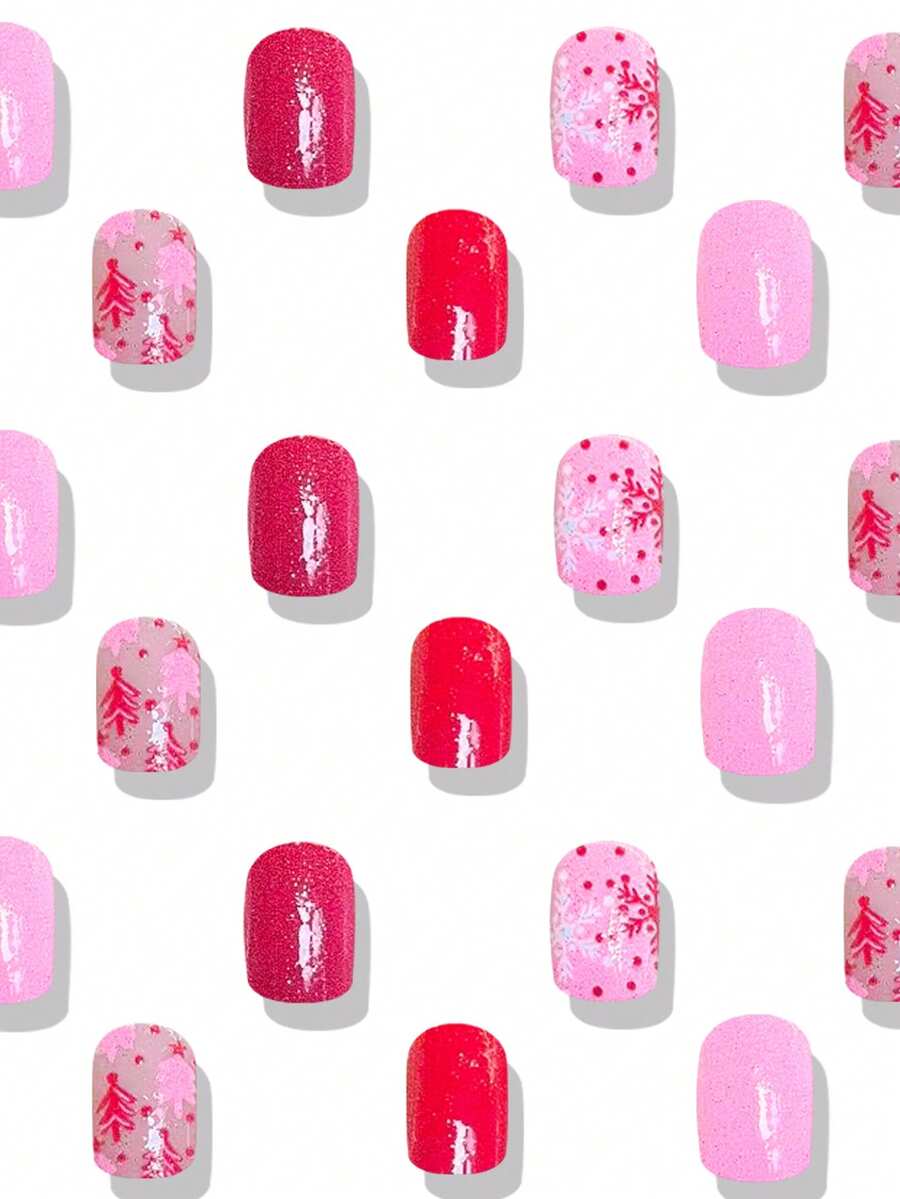 24pcs Short Red Christmas Press On Nails, Snowflake Glitter Design, Blue And Red Winter False Nails For Women, Easy To Apply Nail Supplies