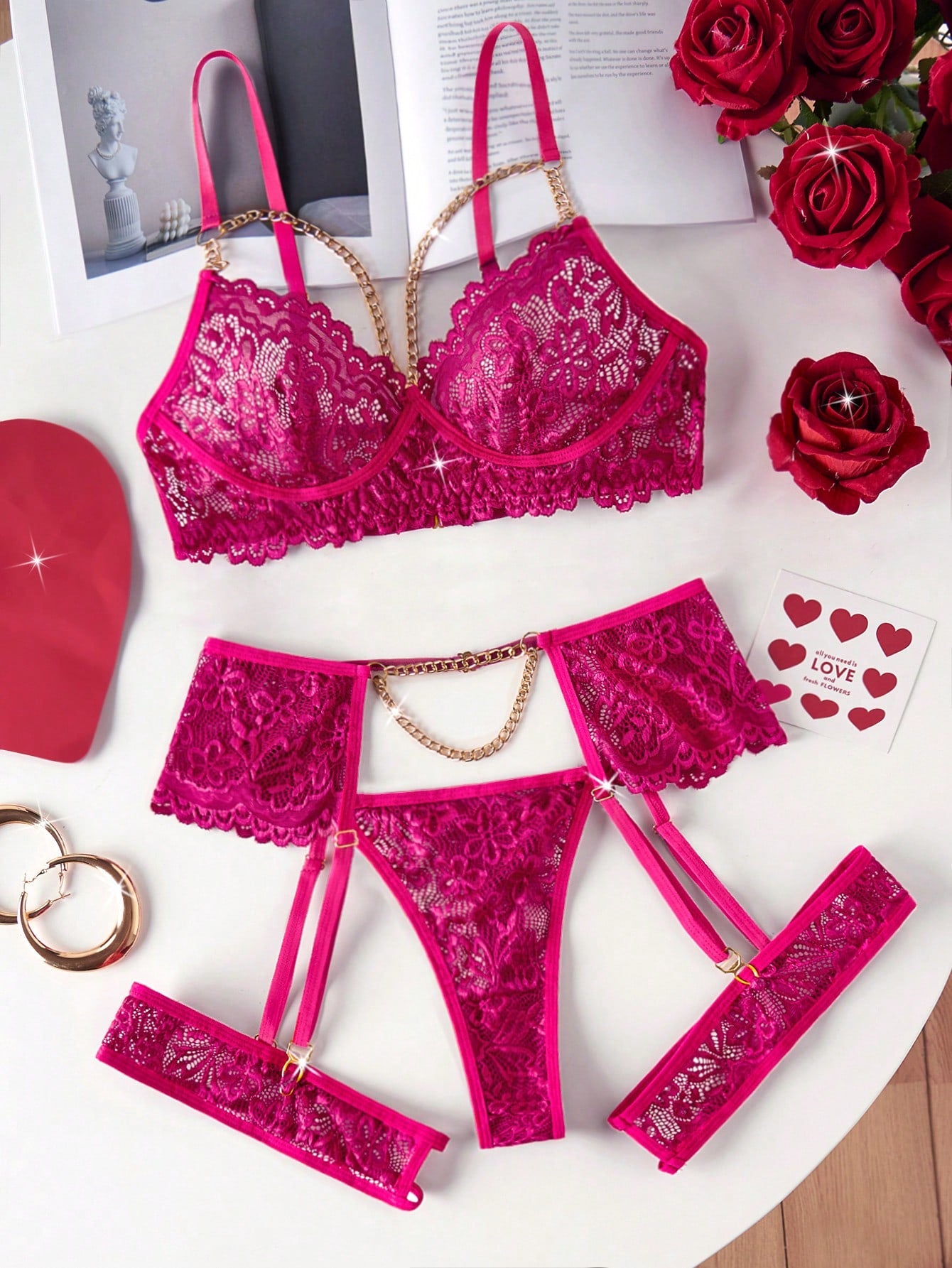 4-Piece Floral Lace and Chain Sexy Lingerie Set with Bra Panty Garter Belt and Stockings