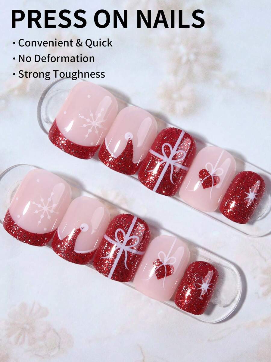 24pcs Christmas Press-On Nails, Short Square Snowman Design with Glitter French Tips, Acrylic False Nail Set with Jelly Glue & File for Holiday Wear