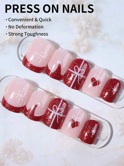 24pcs Christmas Press-On Nails, Short Square Snowman Design with Glitter French Tips, Acrylic False Nail Set with Jelly Glue & File for Holiday Wear