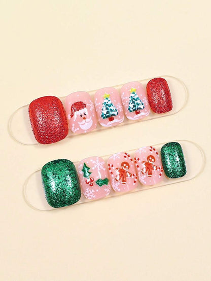 24pcs Red Glitter Christmas Press On Nails, Short Square Bling False Nails With Cute Elk Grid Design, Festive Nail Set Gift For Women Party Wear