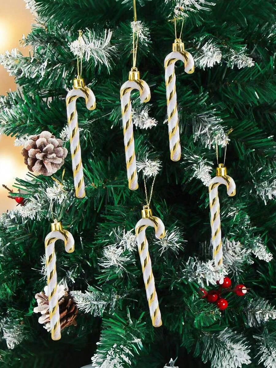 12pcs Pink Glitter Candy Cane Christmas Ornaments, 5.5" Plastic Hanging Decorations for Christmas Trees & Holiday Displays