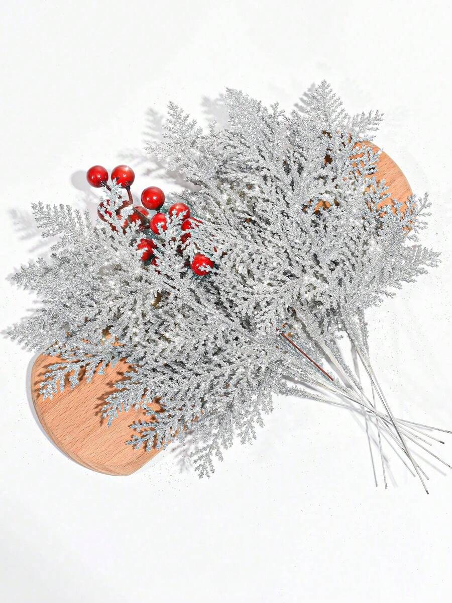 20pcs Glitter Cedar Pine Needles with Sequins, Artificial Blue and Pink Leaves for DIY Garlands, Wedding Bouquets, and Winter Holiday Home Decor