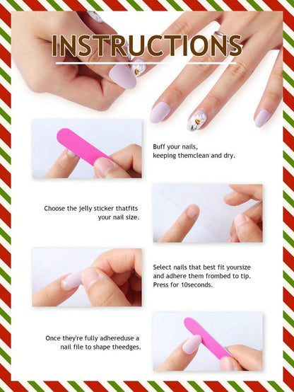 24pcs Long Coffin Christmas Press On Nails, White Elk And Snowflake Design With Gold Glitter, Elegant Glossy Nail Set For Women Daily Use