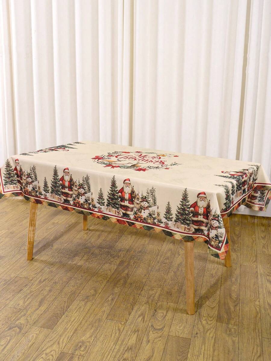 Festive Christmas Tablecloth with Snowman & Reindeer Wreath Design, Polyester Winter Table Cover for Dining Room & Kitchen Holiday Decor