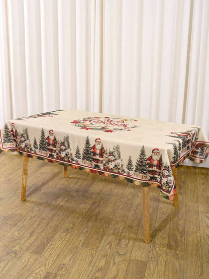 Festive Christmas Tablecloth with Snowman & Reindeer Wreath Design, Polyester Winter Table Cover for Dining Room & Kitchen Holiday Decor