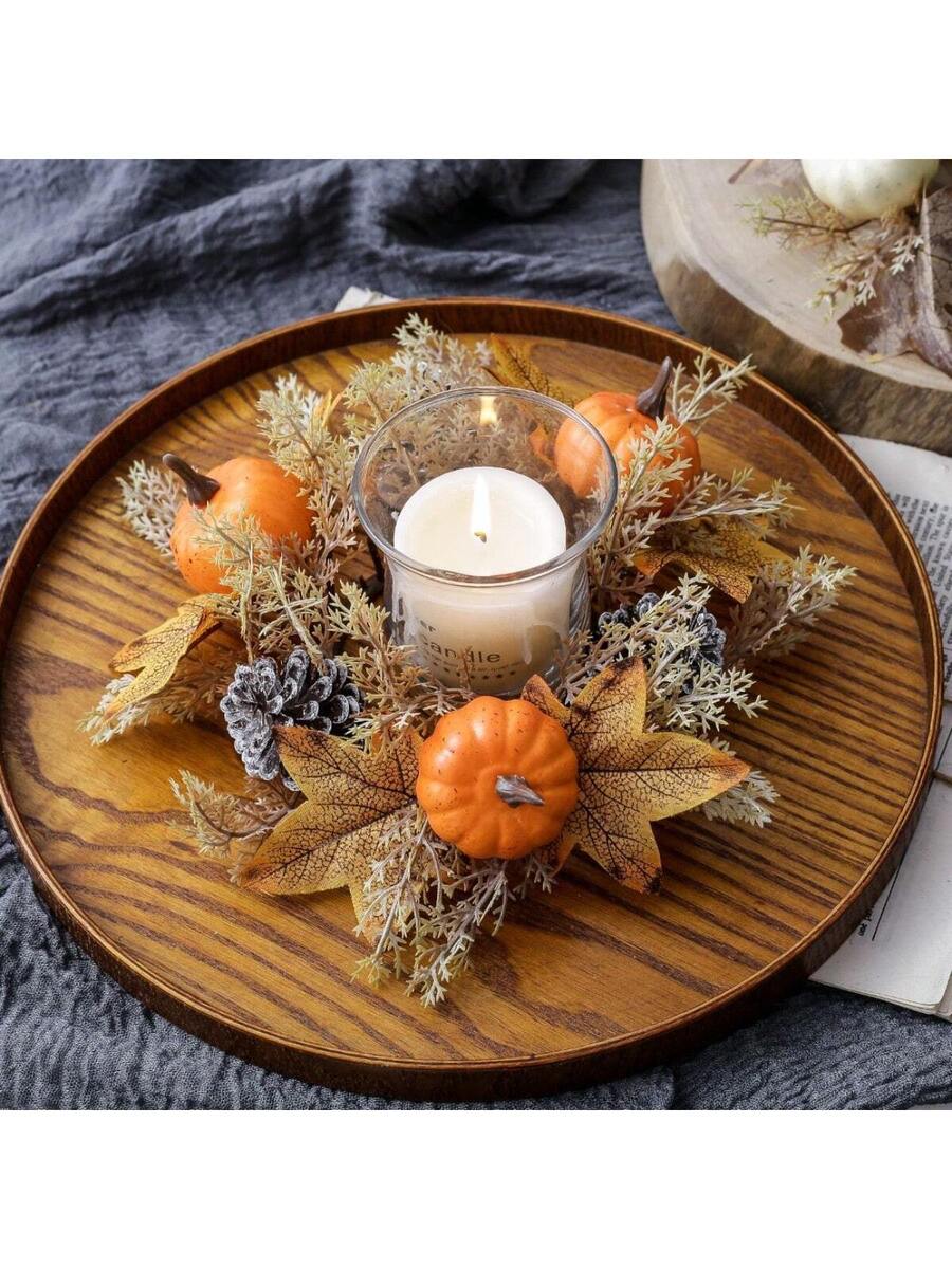 Christmas Candle Ring Holder with Red Flowers, Gold Berries & Greenery, Holiday Table Centerpiece